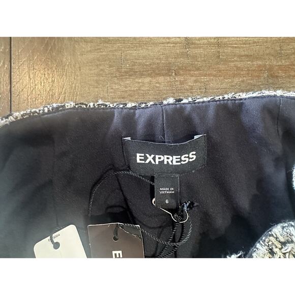 Express Black Gold Multi Tweed Mini Skirt Fringe Trim Mock Wrap NWT Size 6 NEW - Picture 6 of 14